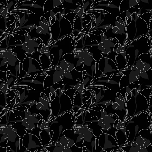 Seamless floral pattern. Black and white Pattern with Silhouette graphics flowers on black background. Alstroemeria. Seamless pattern with hand drawn plants. Herbal Botanical illustration. — Stock Photo, Image