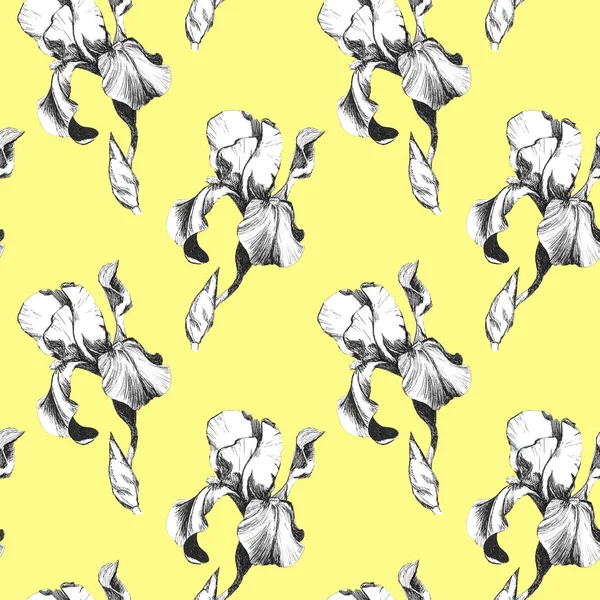 Naadloze bloemen patroon met hand getekende inkt Iris bloemen op gele achtergrond. Bloemen bekleed in harmonieuze geometrische sequentie — Stockfoto