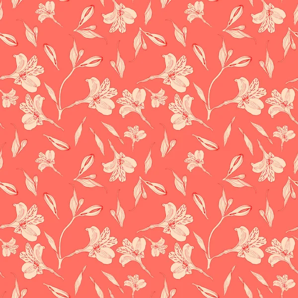 Seamless floral pattern. Pattern with white graphics flowers on living coral background. Alstroemeria. Seamless pattern with hand drawn plants. Herbal Botanical illustration.