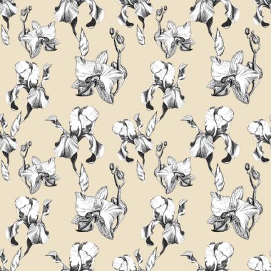 Bej arka planda el çizilmiş mürekkep iris ve orkide çiçekler ile Floral Dikişsiz desen. Çiçekler uyumlu Unin, sıralı dizilme