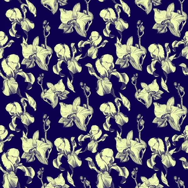 Patrón sin costura floral con iris de tinta dibujada a mano y flores de orquídea sobre fondo azul oscuro. Flores alineadas en armoniosa secuencia desinhibida — Foto de Stock