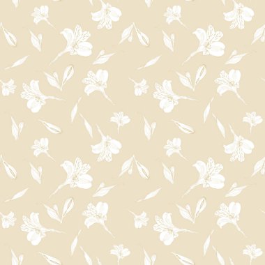 Dikişsiz çiçek deseni. Bej arka planda beyaz grafik çiçekler i Alstroemeria mı? Elle çizilmiş bitkiler ile dikişsiz desen. Bitkisel Botanik illüstrasyon.