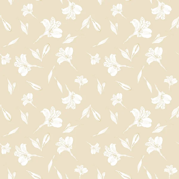 Naadloze bloemmotief. Patroon met witte afbeeldingen bloemen op beige achtergrond. Alstroemeria. Naadloos patroon met hand getekende planten. Kruiden botanische illustratie. — Stockfoto