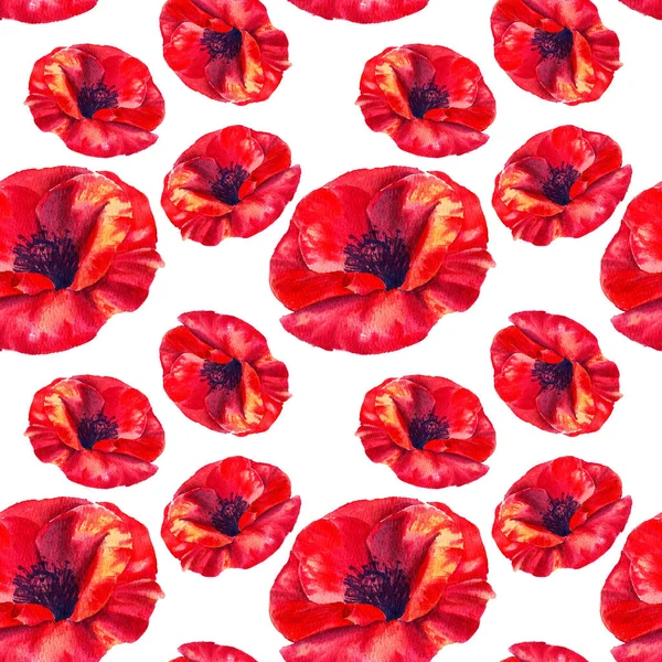 Amapolas rojas sobre un fondo blanco. Patrón sin costura floral con grandes flores brillantes.Ilustración de acuarela de verano para textiles de impresión, tela, papel de envolver . —  Fotos de Stock