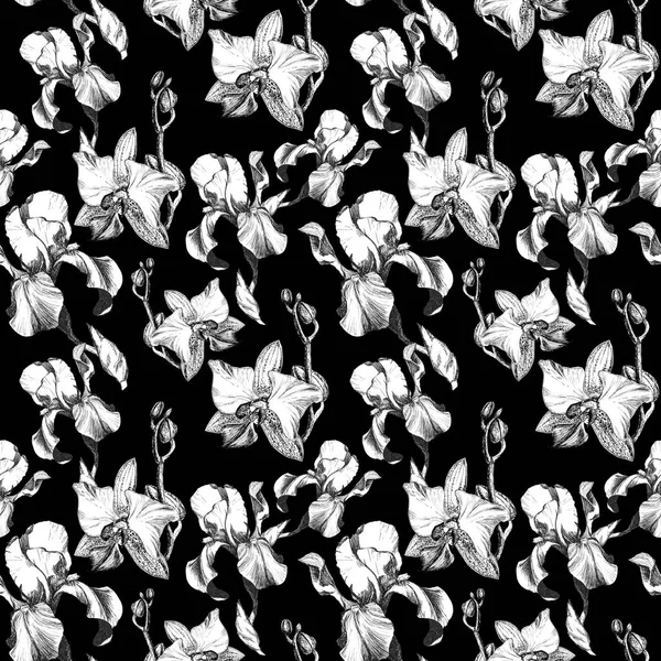 Kwiatowy bezszwowy wzór z ręcznie rysowane atrament tęczówki i kwiatów orchidei na czarnym tle. Kwiaty w kolejce w harmonijnej sekwencji bez skrępowania — Zdjęcie stockowe
