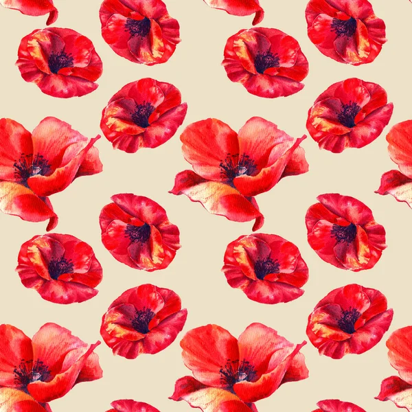 Czerwone maki na beżowym tle. Kwiatowy wzór bez szwu z dużymi jasnymi kwiatami. Letnia ilustracja akwarelowa do druku tkanin, tkanin, papieru do pakowania. — Zdjęcie stockowe