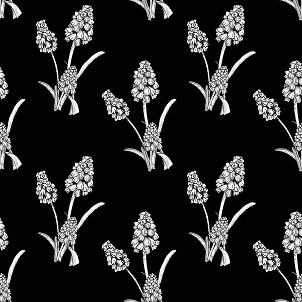 Seamless pattern with realistically painted ink Muscari flowers. Hand drawn illustration on black background modified to digital source for modern disign, print textile, fabric, wrapping paper — Stock Photo, Image