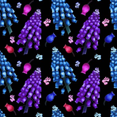 Siyah arka plan üzerinde muscari suluboya renkli alan çiçekleri ile dikişsiz bitkisel desen. Büyük dalları ve küçük tomurcukları süs