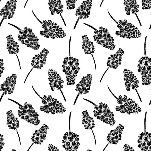 Seamless pattern with realistically painted ink Muscari flowers. Hand drawn illustration on white background modified to digital source for modern disign, print textile, fabric, wrapping paper — Stock Photo, Image