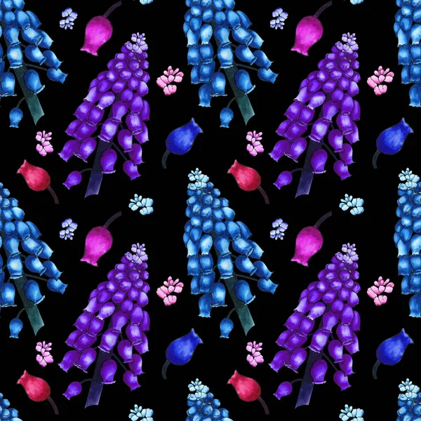 Seamless herbal pattern with watercolor colorful field flowers of muscari on black background. Ornament of large branches and small buds — Stock Photo, Image