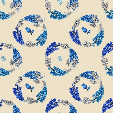 Çiçekler, tomurcukları, dalları, bej arka plan üzerinde çelenk ile basit ve sevimli bahar dikişsiz desen Muscari sümbüller. Suluboya, baskı tekstil, kumaş, ambalaj kağıdı için freehand çizim