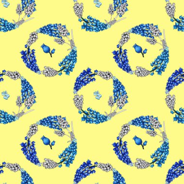 Çiçekler, tomurcukları, dalları, sarı arka plan üzerinde çelenk ile basit ve sevimli bahar dikişsiz desen Muscari sümbüller. Suluboya, baskı tekstil, kumaş, ambalaj kağıdı için freehand çizim