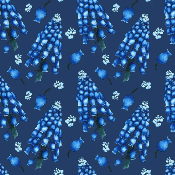 Seamless herbal pattern with watercolor blue field flowers of muscari on pearl night background. Ornament of large branches and small buds — Stock Photo, Image