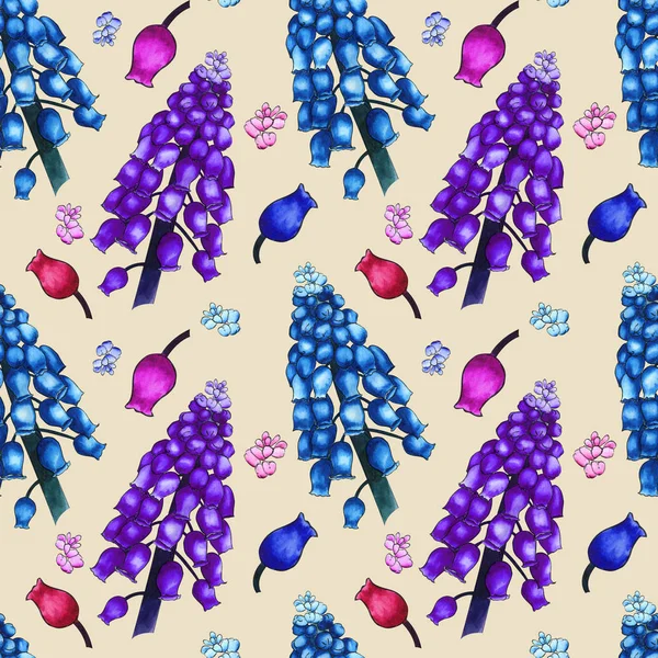 Padrão de ervas sem costura com aquarela flores de campo coloridas de muscari no fundo bege. Ornamento de grandes ramos e pequenos botões — Fotografia de Stock