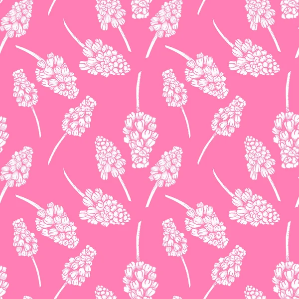 Nahtloses Muster mit realistisch bemalten Muscari-Blüten. Handgezeichnete Illustration auf rosafarbenem Hintergrund, modifiziert zur digitalen Quelle für moderne Schilder, Drucktextilien, Stoff, Geschenkpapier — Stockfoto