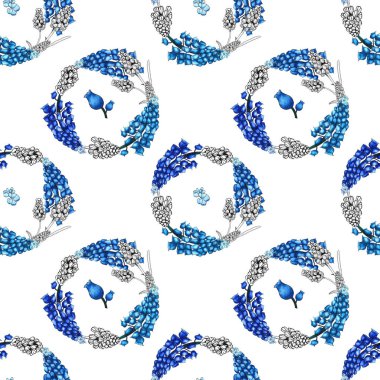 Çiçekler, tomurcukları, dalları, beyaz arka plan üzerinde çelenk ile basit ve sevimli bahar dikişsiz desen Muscari sümbüller. Suluboya, baskı tekstil, kumaş, ambalaj kağıdı için freehand çizim