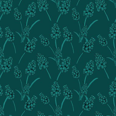 Gerçekçi boyalı mürekkep Muscari çiçekleri ile dikişsiz desen. Modern tasarım, baskı tekstil, kumaş, ambalaj kağıdı için dijital kaynağa modifiye koyu yeşil arka plan üzerinde el çizilmiş illüstrasyon
