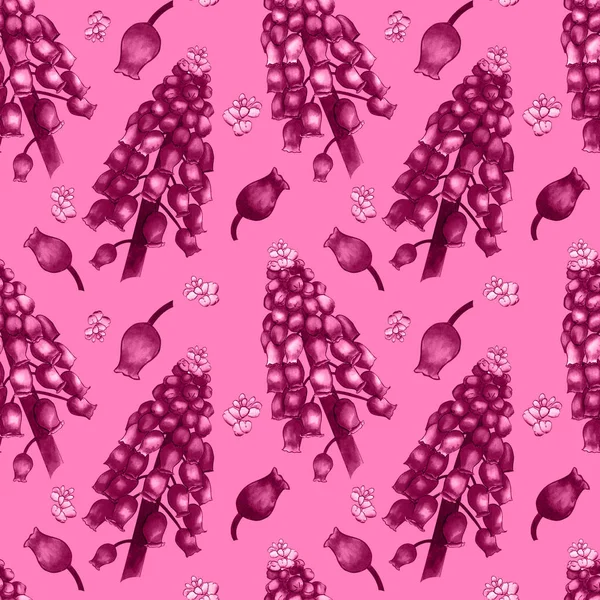 Безшовний трав'яний візерунок з акварельними польовими квітами мускарі на яскравому тлі. Орнамент великих гілок і дрібних бутонів зроблені в рожевих відтінках — стокове фото