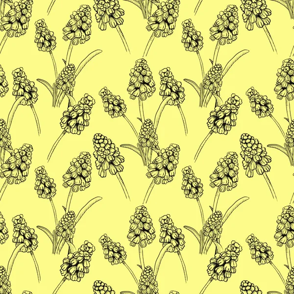 Naadloos patroon met realistisch geschilderde inkt Muscari bloemen. Hand getekende illustratie op gele achtergrond gewijzigd in digitale bron voor modern design, print textiel, stof, inpakpapier — Stockfoto