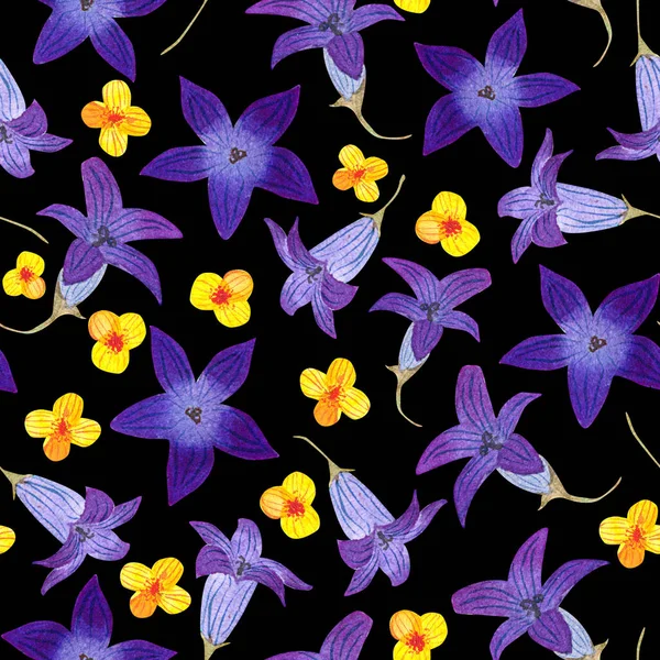 Modello senza soluzione di continuità con acquerello bluebell giardino e anemoni su sfondo nero. Buon design per tessile, carta da parati, sfondo, involucro-carta ecc . — Foto Stock