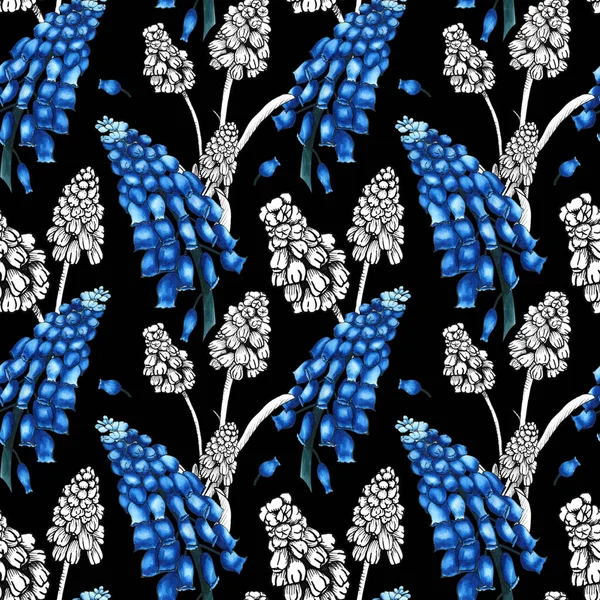 Sömlös mönster med realistiskt målade akvarell och bläck Muscari blommor. Handritad illustration på svart bakgrund för modern disign, tryck textil, tyg, omslagspapper — Stockfoto