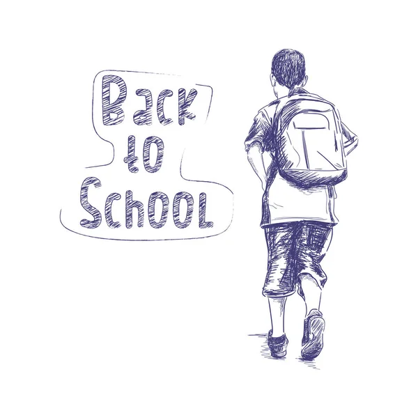 Back School Sketch People Boy View Drawn Backpack Bag — Stock Vector
