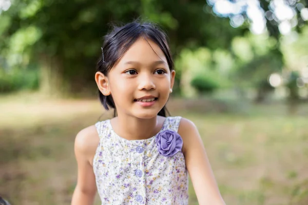 Kleines Süßes Asiatisches Mädchen Das Inmitten Des Lila Blütenfeldes Steht — Stockfoto