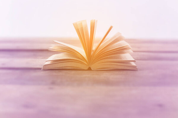 Open book on wood planks over abstract light background