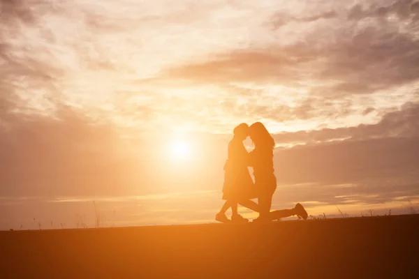 夏の日の空に夕日の前に 抱擁の母は彼の愛情の腕の中幸せな若い女の子子供のシルエット — ストック写真