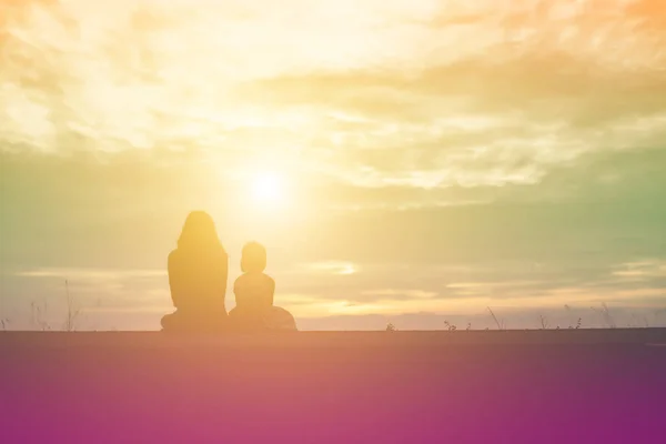 Silhouette Happy Young Girl Child Arms His Loving Mother Hug — Stock Photo, Image