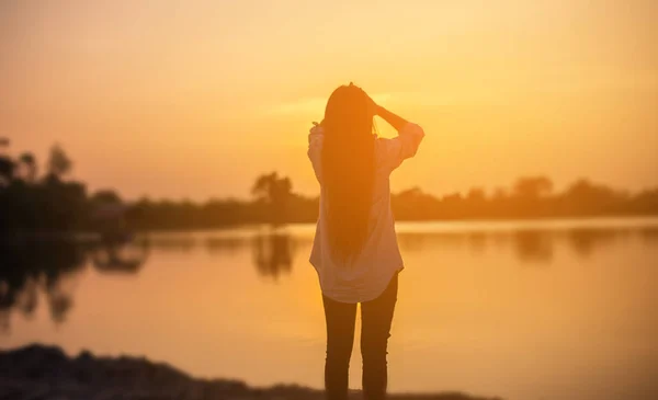 Silhouette Beautiful Girl Nature Summer Sunset — Stock Photo, Image