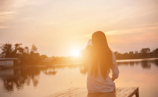 Silhouette Beautiful Girl Nature Summer Sunset — Stock Photo, Image