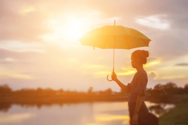 Silueta Hermosa Chica Naturaleza Atardecer Verano — Foto de Stock