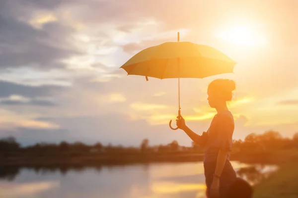 Silueta Hermosa Chica Naturaleza Atardecer Verano — Foto de Stock