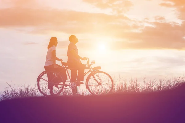 自転車の愛幸せな時間で甘いの若いカップルのシルエット — ストック写真