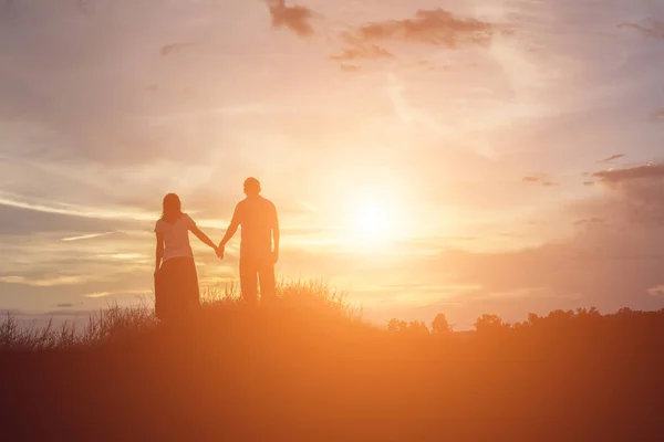 Silhouette Man Woman Holding Hands Each Other Walking Together — Stock Photo, Image