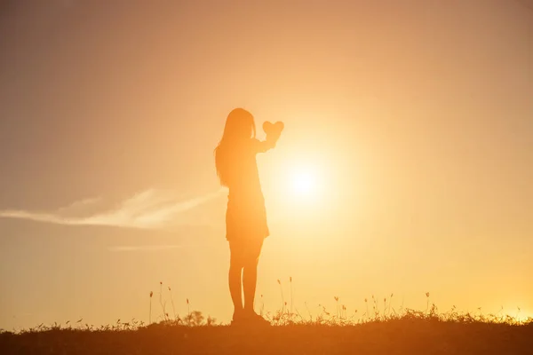 Handen Vormen Een Hartvorm Met Zonsondergang Silhouet — Stockfoto