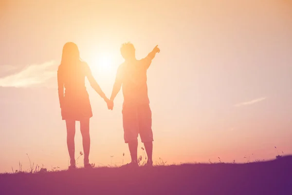 Silhouette Man Woman Holding Hands Each Other Walking Together — Stock Photo, Image