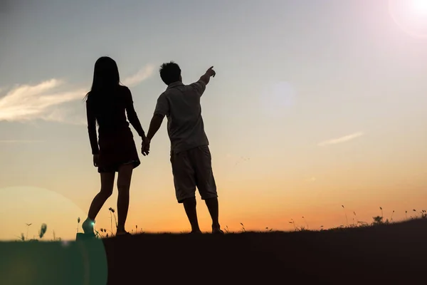 Silhouette Man Woman Holding Hands Each Other Walking Together — Stock Photo, Image