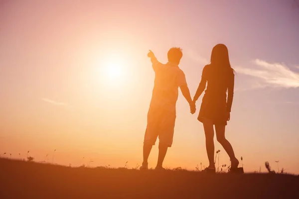 Silhouette Man Woman Holding Hands Each Other Walking Together — Stock Photo, Image