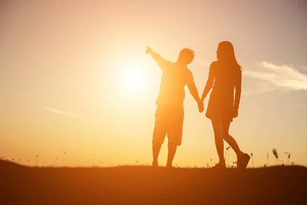 Silhouette Man Woman Holding Hands Each Other Walking Together — Stock Photo, Image