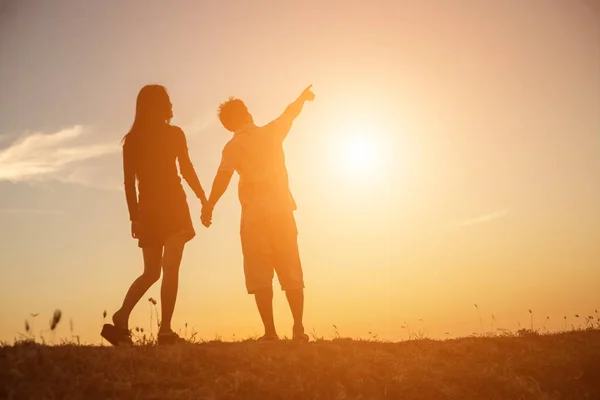 Silhouette Man Woman Holding Hands Each Other Walking Together — Stock Photo, Image