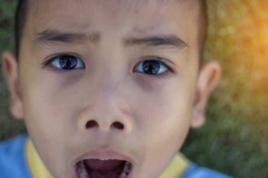 Mutlu melez erkek çocuk gülümseyen zevk yaşam kabul. Doğa, park veya açık havada Genç çocuk portresi. Mutlu bir aile veya başarılı evlat edinme veya ebeveynlik kavramı.