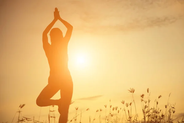 Silhouette Donna Che Prega Uno Sfondo Bellissimo Cielo — Foto Stock