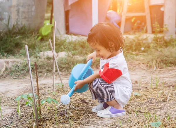 Gadis Kecil Mengairi Pohon Dengan Panci — Stok Foto