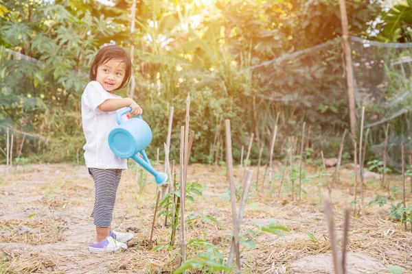 Gadis Kecil Mengairi Pohon Dengan Panci — Stok Foto