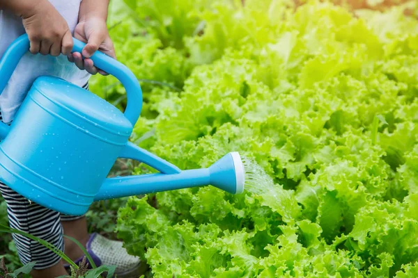 Küçük kız ağaç sulama pot ile sulama