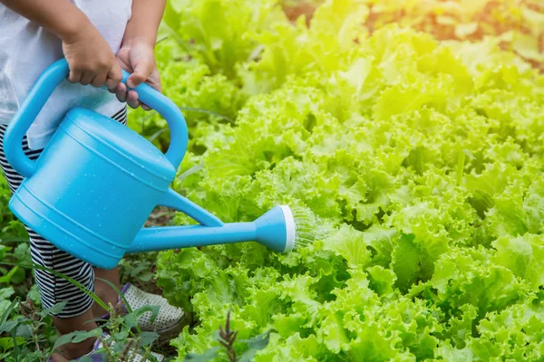 Küçük kız ağaç sulama pot ile sulama