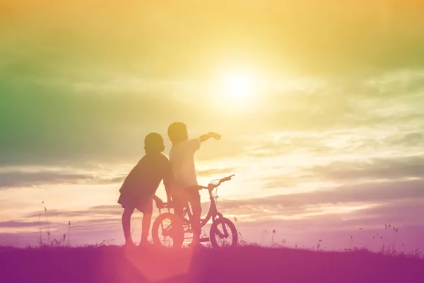 Два Маленьких Мальчика Силуэт Велосипеда — стоковое фото