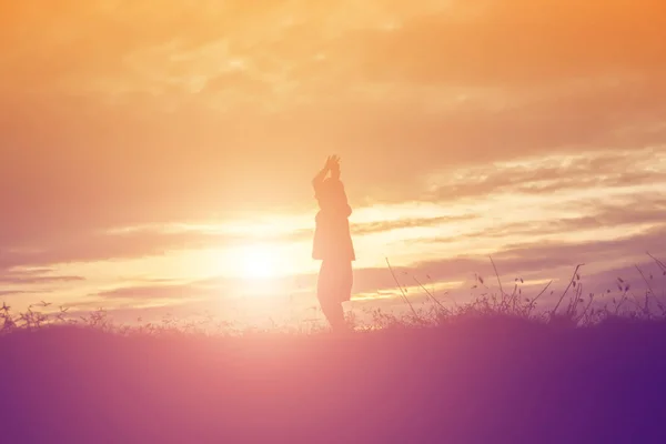 Silueta Niño Momentos Alegría Del Niño Puesta Sol Naturaleza — Foto de Stock